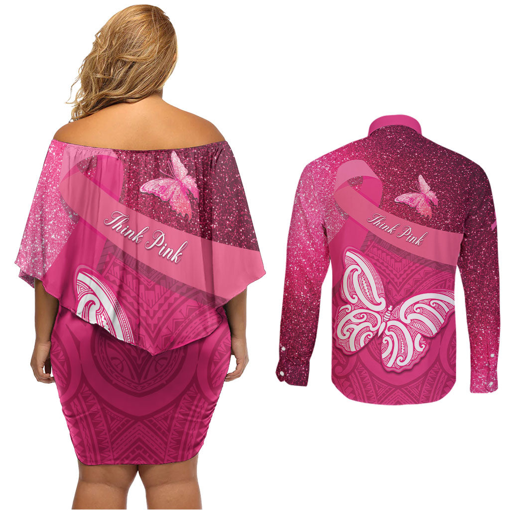 New Zealand Breast Cancer Awareness Couples Matching Off Shoulder Short Dress and Long Sleeve Button Shirt Pink Ribbon Butterfly Maori Pattern LT22 - Polynesian Pride