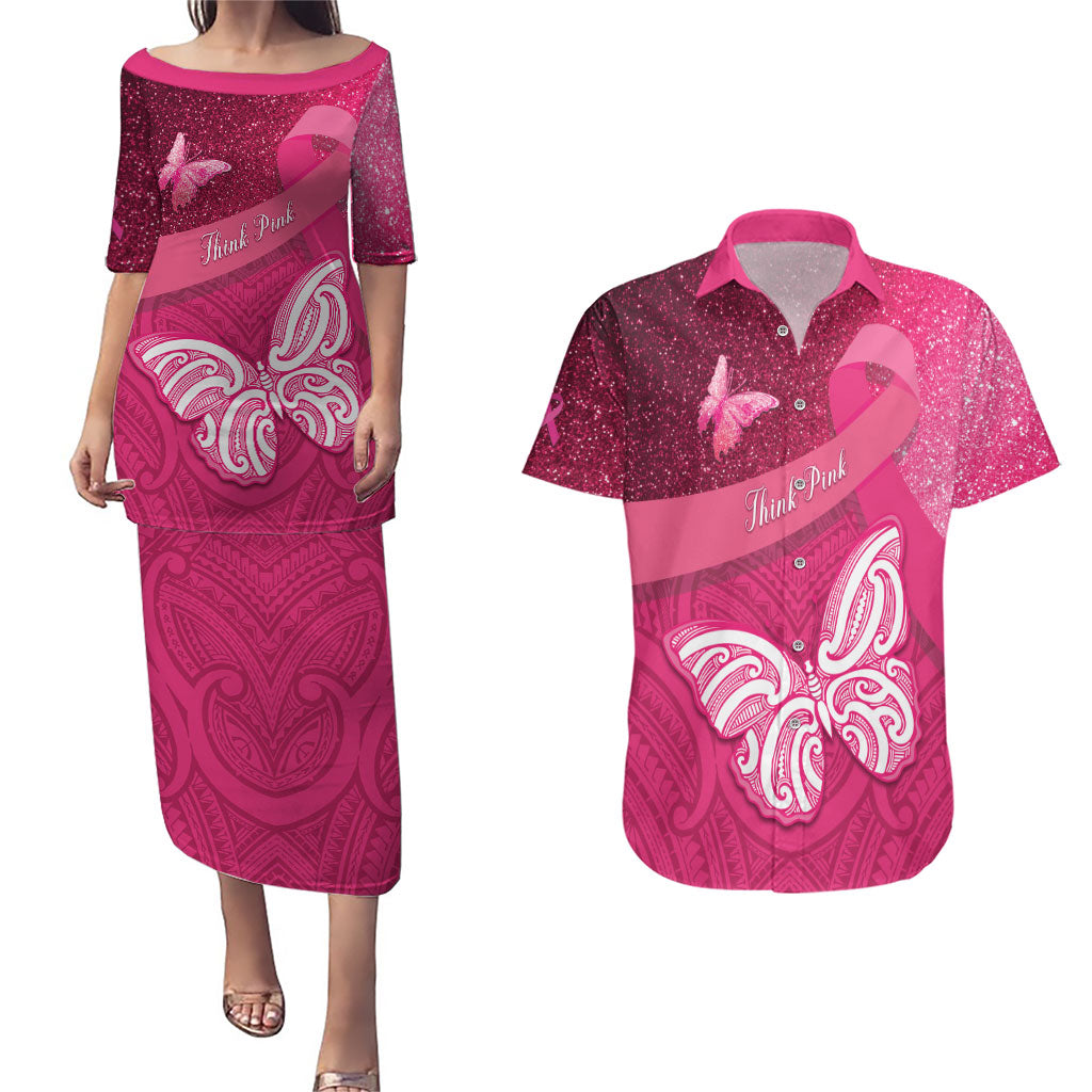New Zealand Breast Cancer Awareness Couples Matching Puletasi and Hawaiian Shirt Pink Ribbon Butterfly Maori Pattern