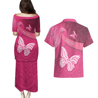 New Zealand Breast Cancer Awareness Couples Matching Puletasi and Hawaiian Shirt Pink Ribbon Butterfly Maori Pattern LT22 - Polynesian Pride