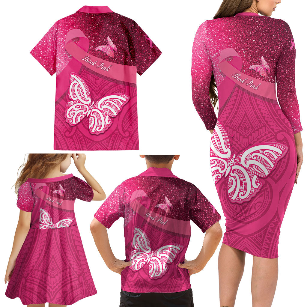 New Zealand Breast Cancer Awareness Family Matching Long Sleeve Bodycon Dress and Hawaiian Shirt Pink Ribbon Butterfly Maori Pattern LT22 - Polynesian Pride