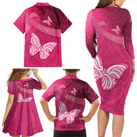 New Zealand Breast Cancer Awareness Family Matching Long Sleeve Bodycon Dress and Hawaiian Shirt Pink Ribbon Butterfly Maori Pattern LT22 - Polynesian Pride