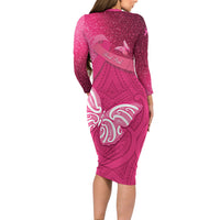 New Zealand Breast Cancer Awareness Family Matching Long Sleeve Bodycon Dress and Hawaiian Shirt Pink Ribbon Butterfly Maori Pattern LT22 - Polynesian Pride