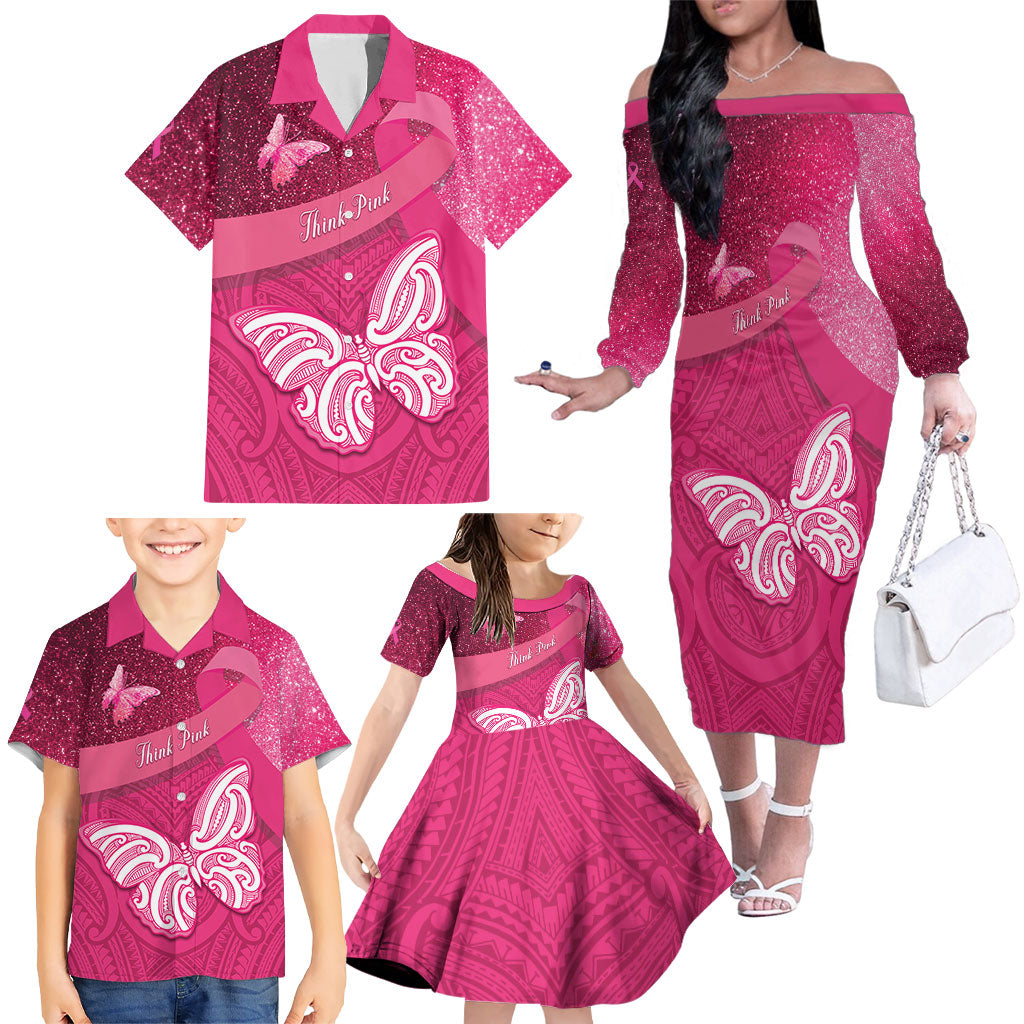 New Zealand Breast Cancer Awareness Family Matching Off The Shoulder Long Sleeve Dress and Hawaiian Shirt Pink Ribbon Butterfly Maori Pattern LT22 - Polynesian Pride