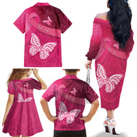 New Zealand Breast Cancer Awareness Family Matching Off The Shoulder Long Sleeve Dress and Hawaiian Shirt Pink Ribbon Butterfly Maori Pattern LT22 - Polynesian Pride