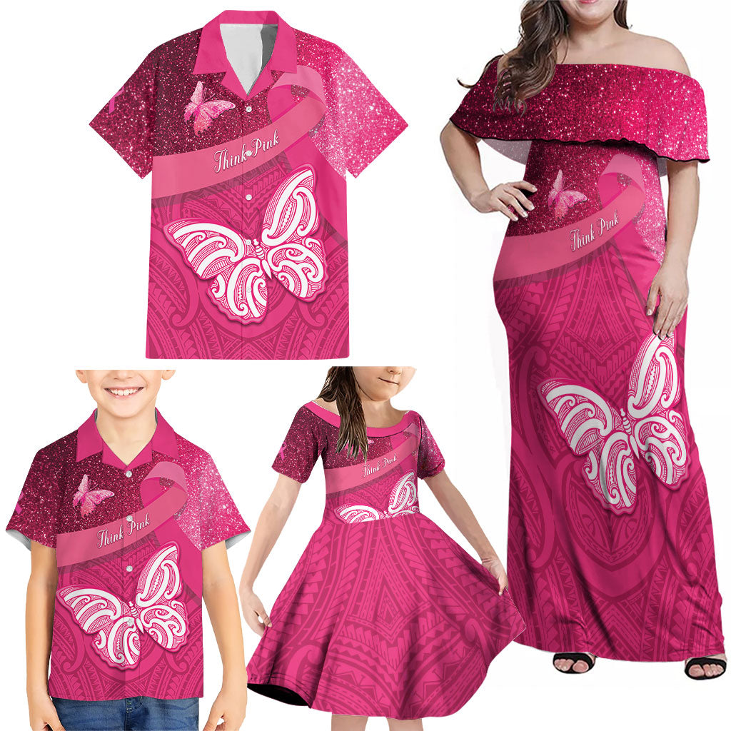 New Zealand Breast Cancer Awareness Family Matching Off Shoulder Maxi Dress and Hawaiian Shirt Pink Ribbon Butterfly Maori Pattern LT22 - Polynesian Pride
