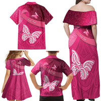New Zealand Breast Cancer Awareness Family Matching Off Shoulder Maxi Dress and Hawaiian Shirt Pink Ribbon Butterfly Maori Pattern LT22 - Polynesian Pride