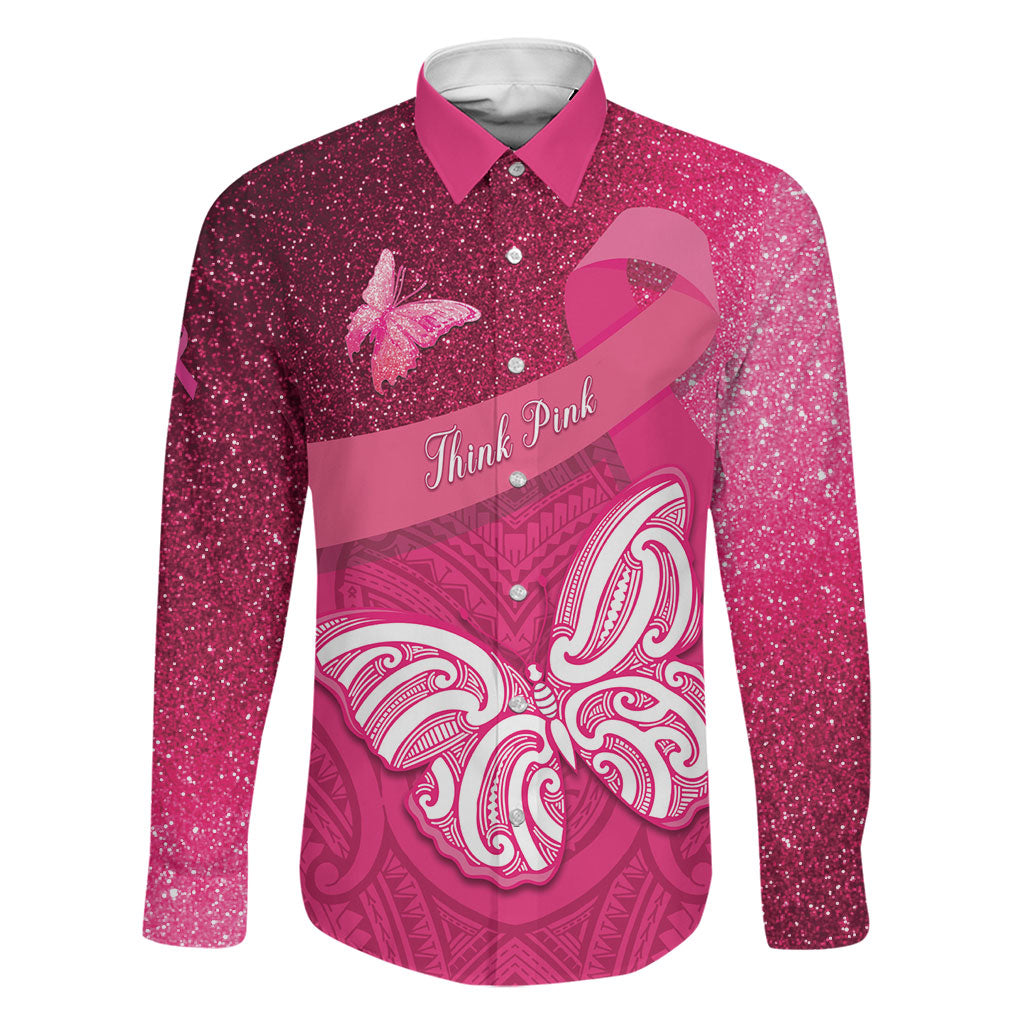 New Zealand Breast Cancer Awareness Family Matching Off Shoulder Maxi Dress and Hawaiian Shirt Pink Ribbon Butterfly Maori Pattern LT22 Dad's Shirt - Long Sleeve Pink - Polynesian Pride