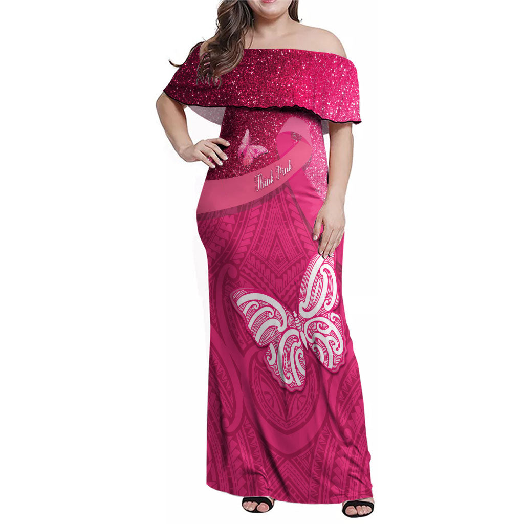 New Zealand Breast Cancer Awareness Family Matching Off Shoulder Maxi Dress and Hawaiian Shirt Pink Ribbon Butterfly Maori Pattern LT22 Mom's Dress Pink - Polynesian Pride