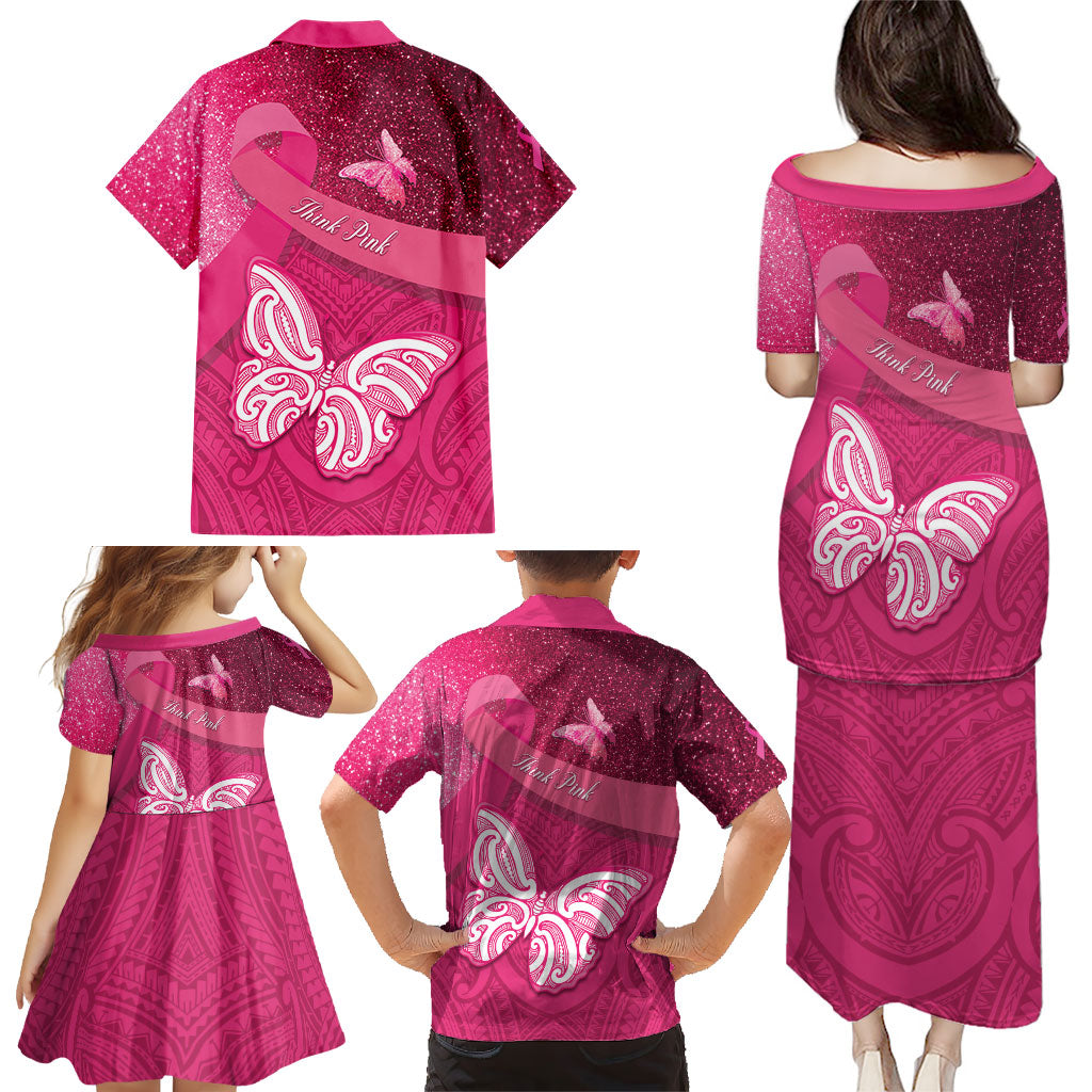 New Zealand Breast Cancer Awareness Family Matching Puletasi and Hawaiian Shirt Pink Ribbon Butterfly Maori Pattern LT22 - Polynesian Pride