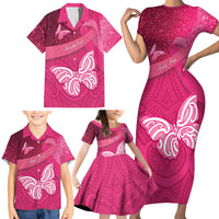 New Zealand Breast Cancer Awareness Family Matching Short Sleeve Bodycon Dress and Hawaiian Shirt Pink Ribbon Butterfly Maori Pattern LT22 - Polynesian Pride