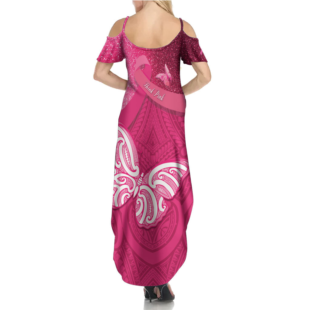 New Zealand Breast Cancer Awareness Family Matching Summer Maxi Dress and Hawaiian Shirt Pink Ribbon Butterfly Maori Pattern LT22 - Polynesian Pride