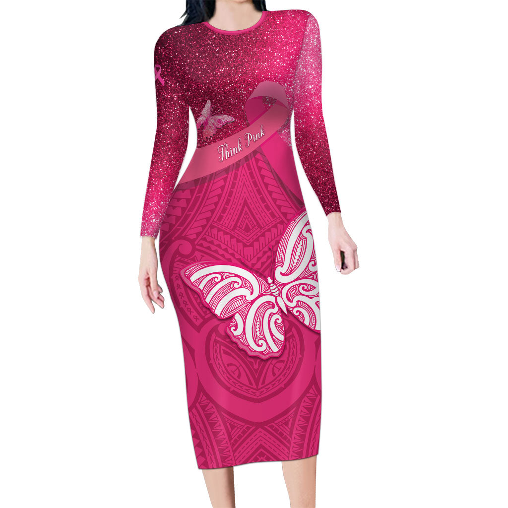 New Zealand Breast Cancer Awareness Long Sleeve Bodycon Dress Pink Ribbon Butterfly Maori Pattern LT22 Long Dress Pink - Polynesian Pride