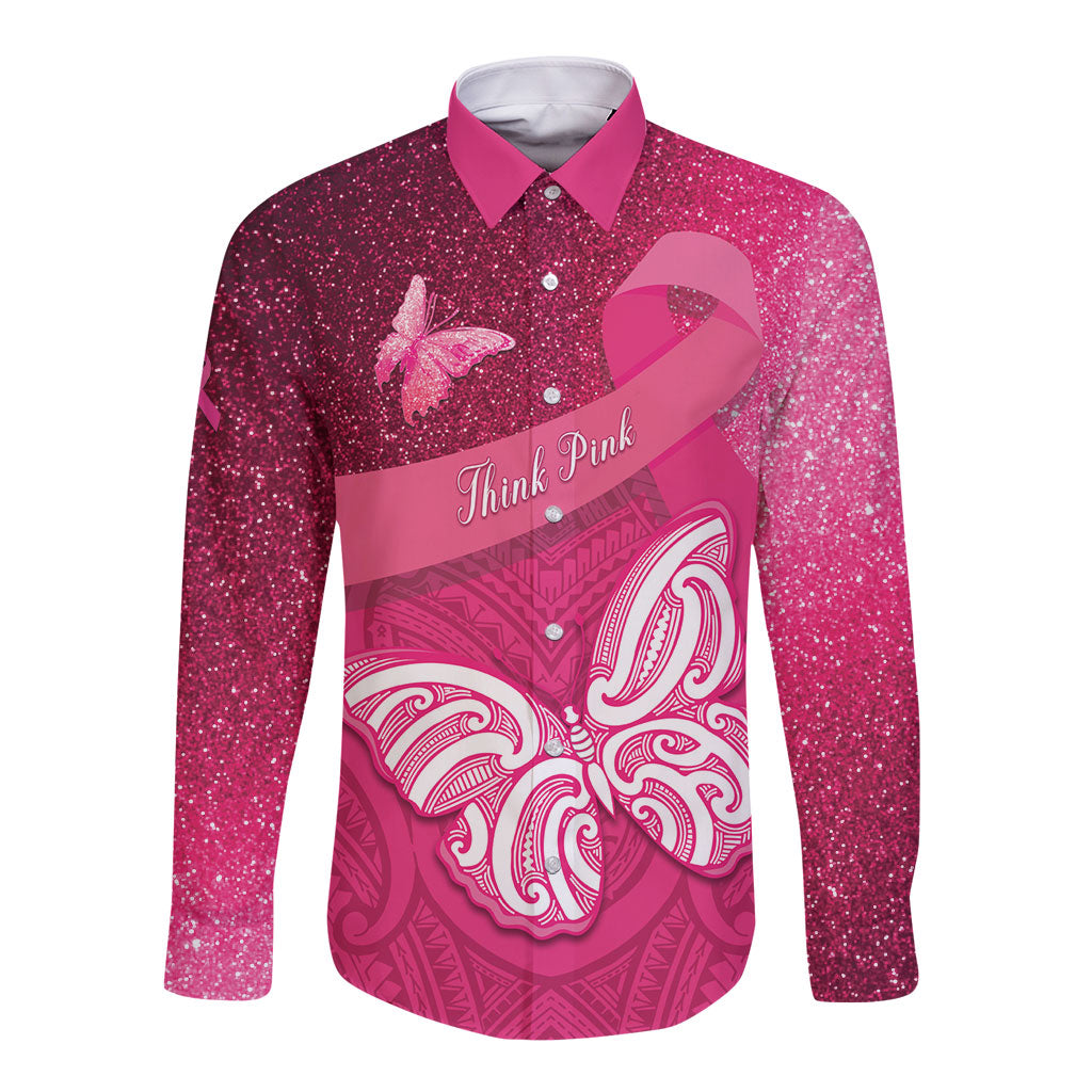 New Zealand Breast Cancer Awareness Long Sleeve Button Shirt Pink Ribbon Butterfly Maori Pattern