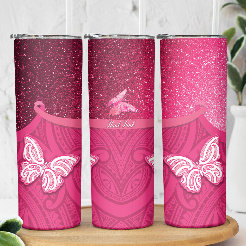 New Zealand Breast Cancer Awareness Skinny Tumbler Pink Ribbon Butterfly Maori Pattern LT22 - Polynesian Pride