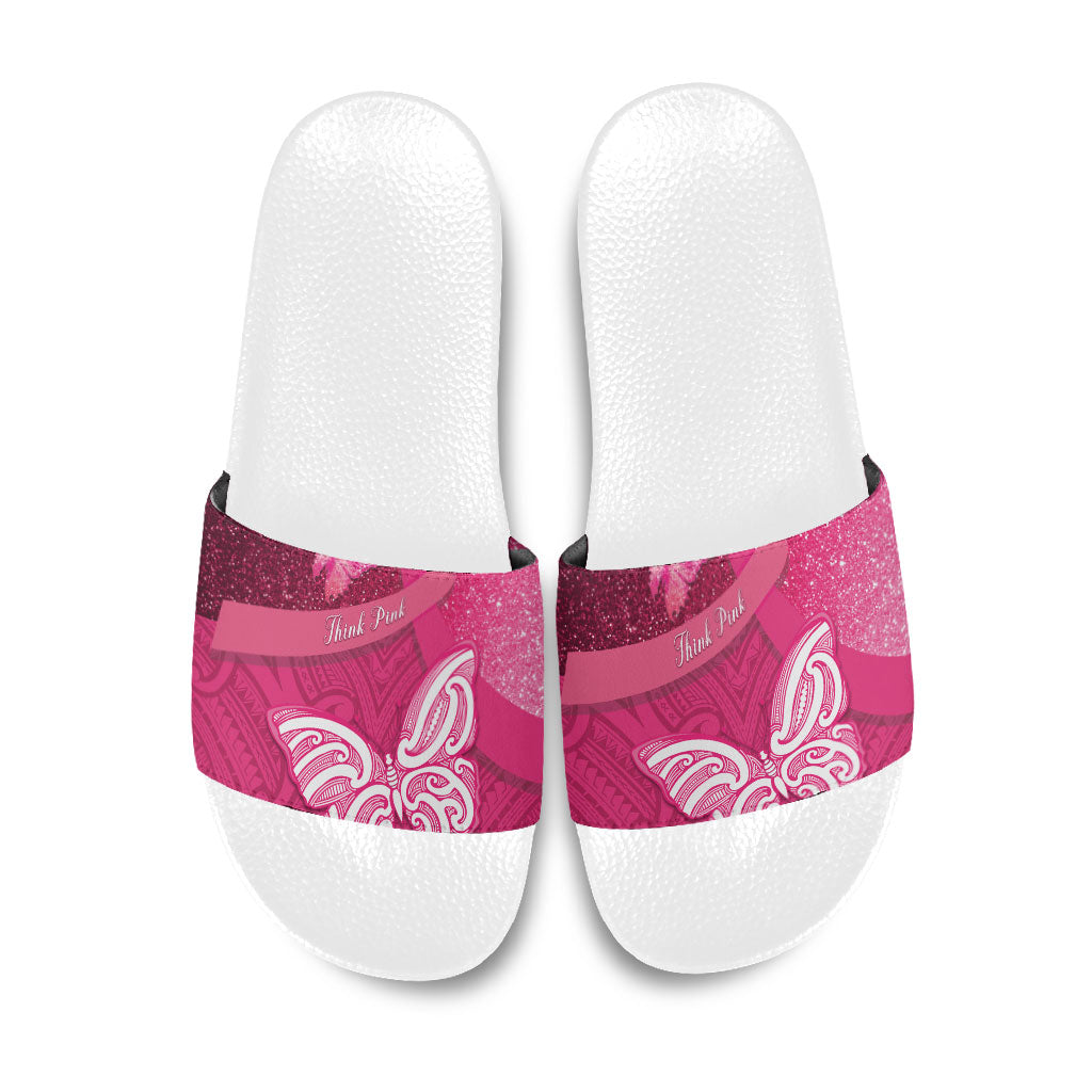 New Zealand Breast Cancer Awareness Slide Sandals Pink Ribbon Butterfly Maori Pattern