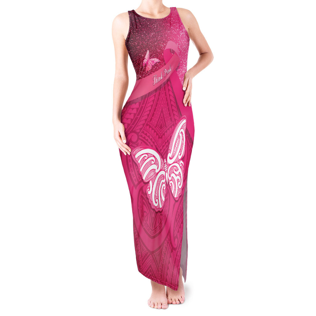 New Zealand Breast Cancer Awareness Tank Maxi Dress Pink Ribbon Butterfly Maori Pattern
