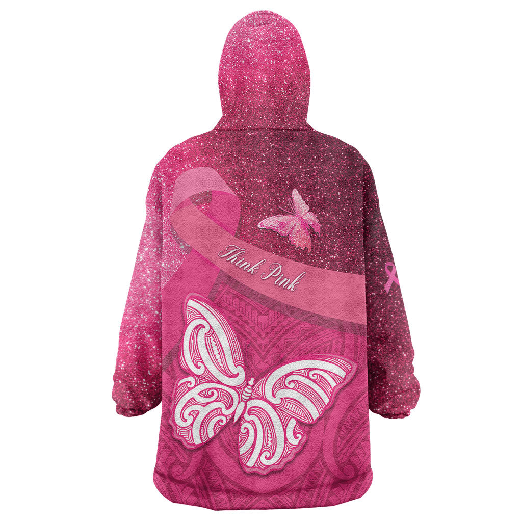 New Zealand Breast Cancer Awareness Wearable Blanket Hoodie Pink Ribbon Butterfly Maori Pattern LT22 - Polynesian Pride