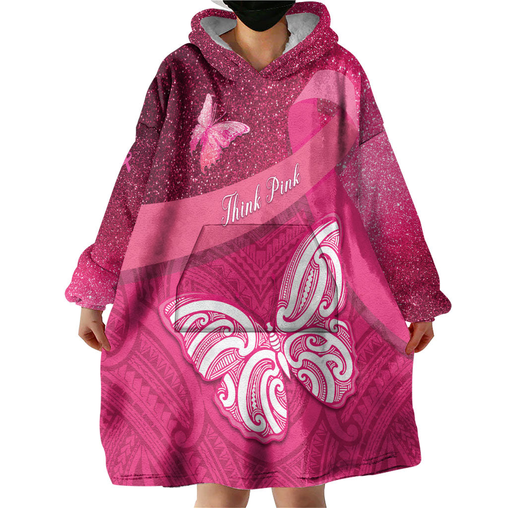 New Zealand Breast Cancer Awareness Wearable Blanket Hoodie Pink Ribbon Butterfly Maori Pattern LT22 - Polynesian Pride