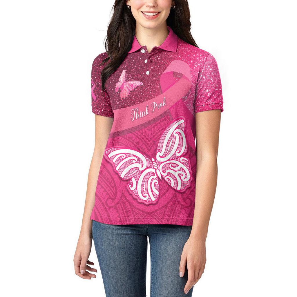 New Zealand Breast Cancer Awareness Women Polo Shirt Pink Ribbon Butterfly Maori Pattern LT22 - Polynesian Pride