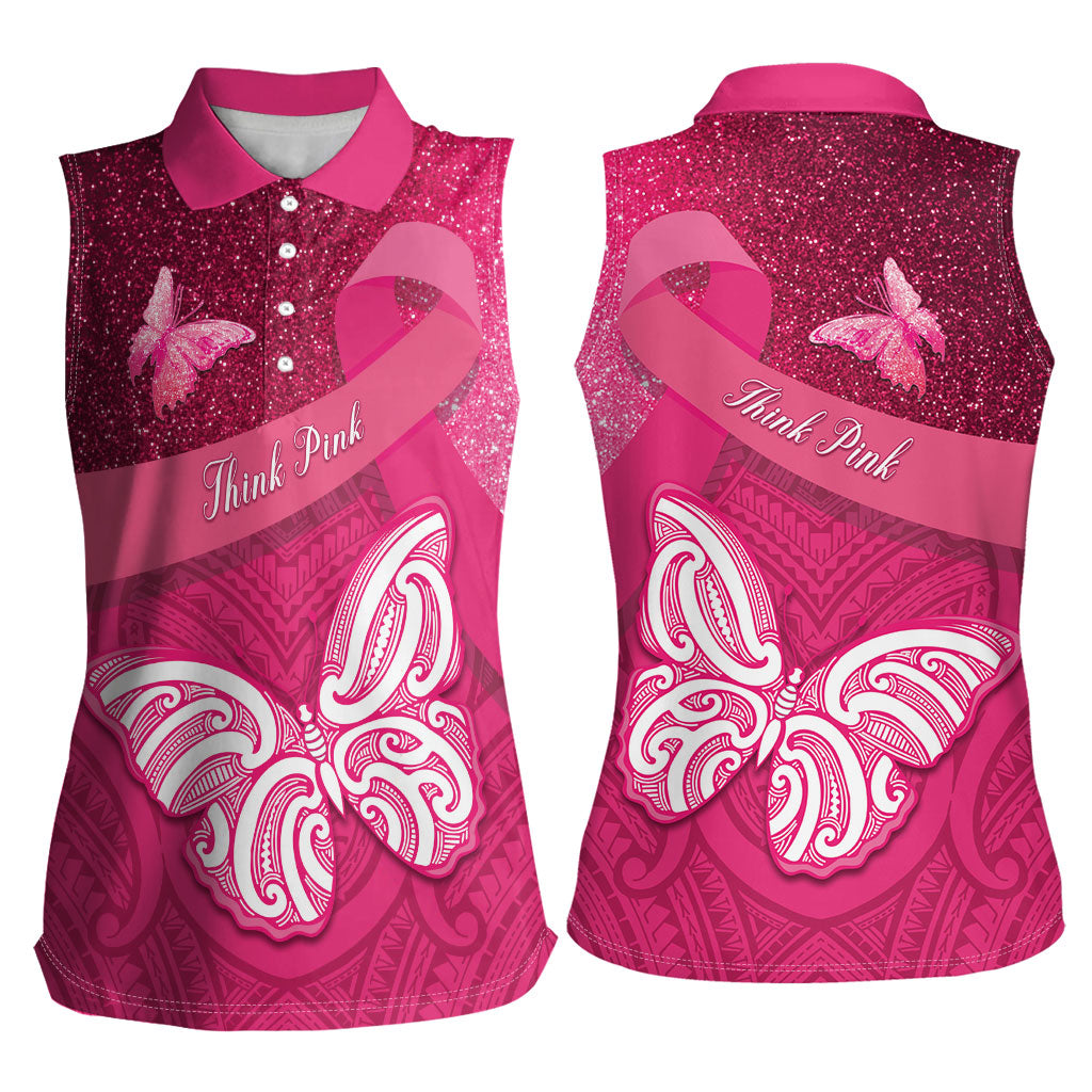 New Zealand Breast Cancer Awareness Women Sleeveless Polo Shirt Pink Ribbon Butterfly Maori Pattern LT22 - Polynesian Pride