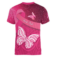 New Zealand Breast Cancer Awareness Women V-Neck T-Shirt Pink Ribbon Butterfly Maori Pattern LT22 - Polynesian Pride