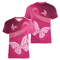 New Zealand Breast Cancer Awareness Women V-Neck T-Shirt Pink Ribbon Butterfly Maori Pattern LT22 - Polynesian Pride