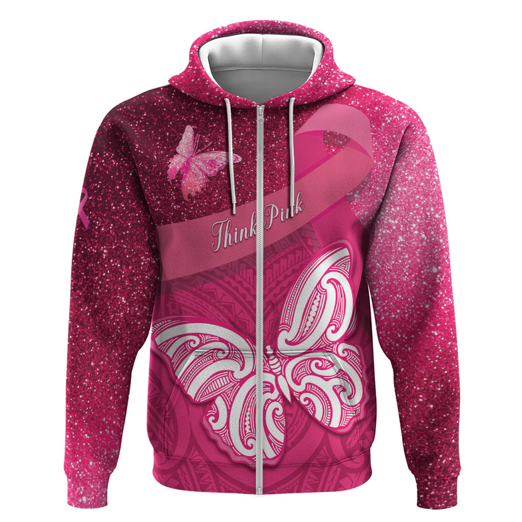 New Zealand Breast Cancer Awareness Zip Hoodie Pink Ribbon Butterfly Maori Pattern LT22 Zip Hoodie Pink - Polynesian Pride