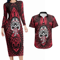 New Zealand Maori Language Week Couples Matching Long Sleeve Bodycon Dress and Hawaiian Shirt Te Wiki O Te Reo Maori Hei Tiki LT22 Red - Polynesian Pride