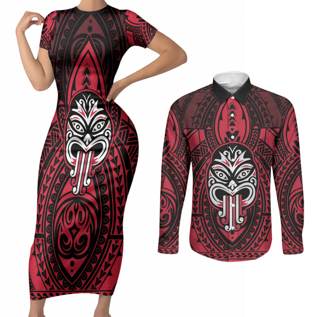 New Zealand Maori Language Week Couples Matching Short Sleeve Bodycon Dress and Long Sleeve Button Shirt Te Wiki O Te Reo Maori Hei Tiki LT22 Red - Polynesian Pride