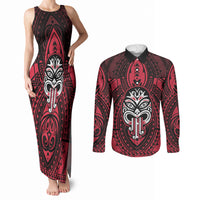 New Zealand Maori Language Week Couples Matching Tank Maxi Dress and Long Sleeve Button Shirt Te Wiki O Te Reo Maori Hei Tiki LT22 Red - Polynesian Pride