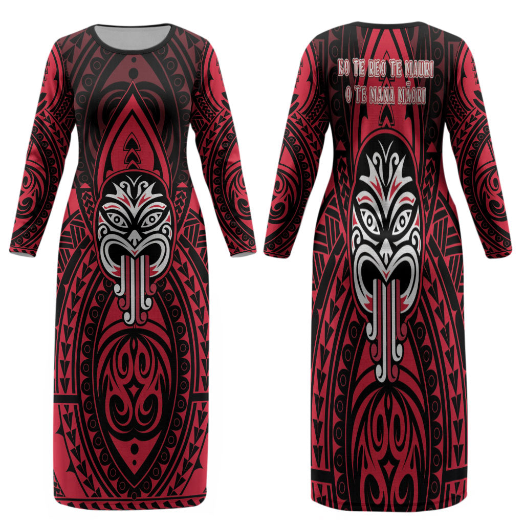 New Zealand Maori Language Week Family Matching Long Sleeve Bodycon Dress and Hawaiian Shirt Te Wiki O Te Reo Maori Hei Tiki LT22 Mom's Dress Red - Polynesian Pride