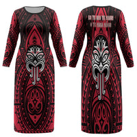 New Zealand Maori Language Week Family Matching Long Sleeve Bodycon Dress and Hawaiian Shirt Te Wiki O Te Reo Maori Hei Tiki LT22 Mom's Dress Red - Polynesian Pride