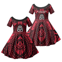 New Zealand Maori Language Week Family Matching Off Shoulder Short Dress and Hawaiian Shirt Te Wiki O Te Reo Maori Hei Tiki LT22 Daughter's Dress Red - Polynesian Pride