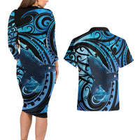 New Zealand Matariki Couples Matching Long Sleeve Bodycon Dress and Hawaiian Shirt Maori Humpback Whale Galaxy LT22 - Polynesian Pride
