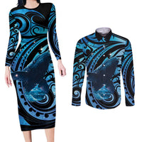 New Zealand Matariki Couples Matching Long Sleeve Bodycon Dress and Long Sleeve Button Shirt Maori Humpback Whale Galaxy