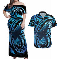 New Zealand Matariki Couples Matching Off Shoulder Maxi Dress and Hawaiian Shirt Maori Humpback Whale Galaxy