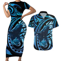 New Zealand Matariki Couples Matching Short Sleeve Bodycon Dress and Hawaiian Shirt Maori Humpback Whale Galaxy LT22 Blue - Polynesian Pride