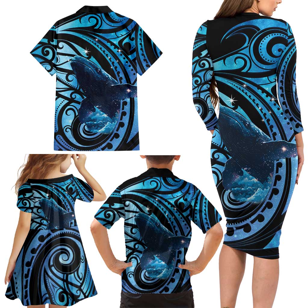New Zealand Matariki Family Matching Long Sleeve Bodycon Dress and Hawaiian Shirt Maori Humpback Whale Galaxy LT22 - Polynesian Pride