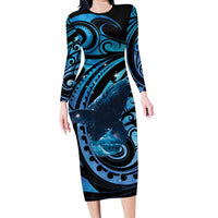 New Zealand Matariki Family Matching Long Sleeve Bodycon Dress and Hawaiian Shirt Maori Humpback Whale Galaxy LT22 Mom's Dress Blue - Polynesian Pride