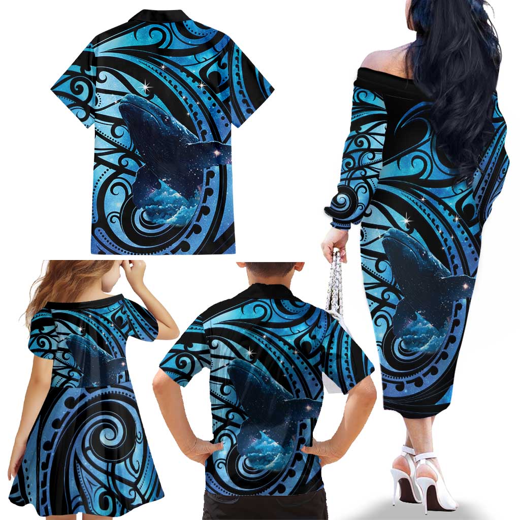 New Zealand Matariki Family Matching Off The Shoulder Long Sleeve Dress and Hawaiian Shirt Maori Humpback Whale Galaxy LT22 - Polynesian Pride