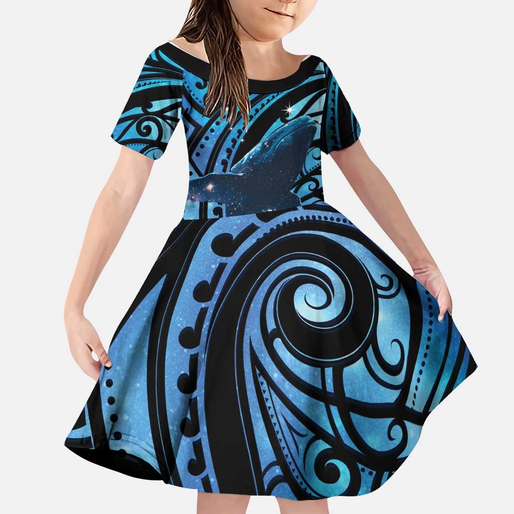 New Zealand Matariki Family Matching Off Shoulder Maxi Dress and Hawaiian Shirt Maori Humpback Whale Galaxy LT22 Daughter's Dress Blue - Polynesian Pride