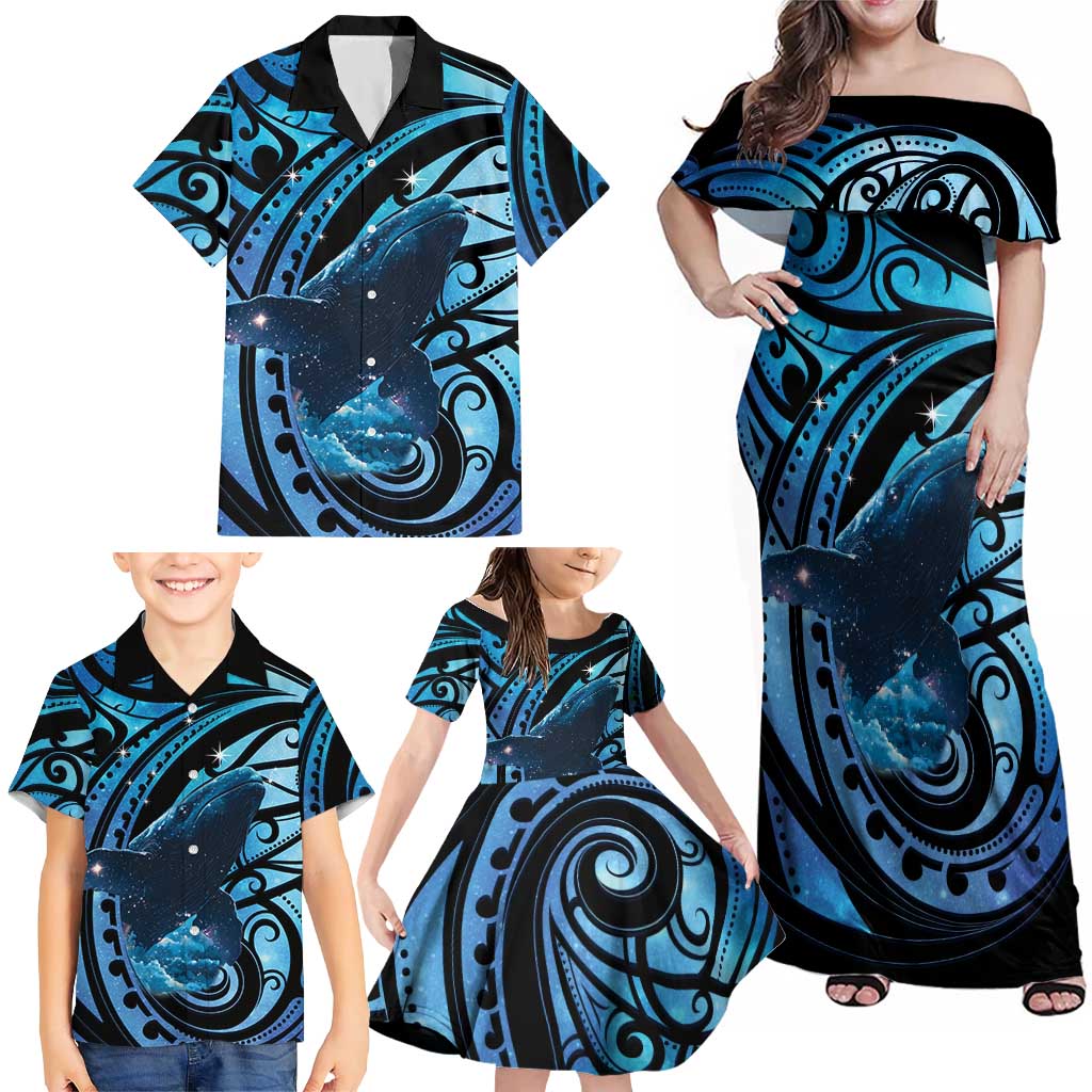 New Zealand Matariki Family Matching Off Shoulder Maxi Dress and Hawaiian Shirt Maori Humpback Whale Galaxy LT22 - Polynesian Pride