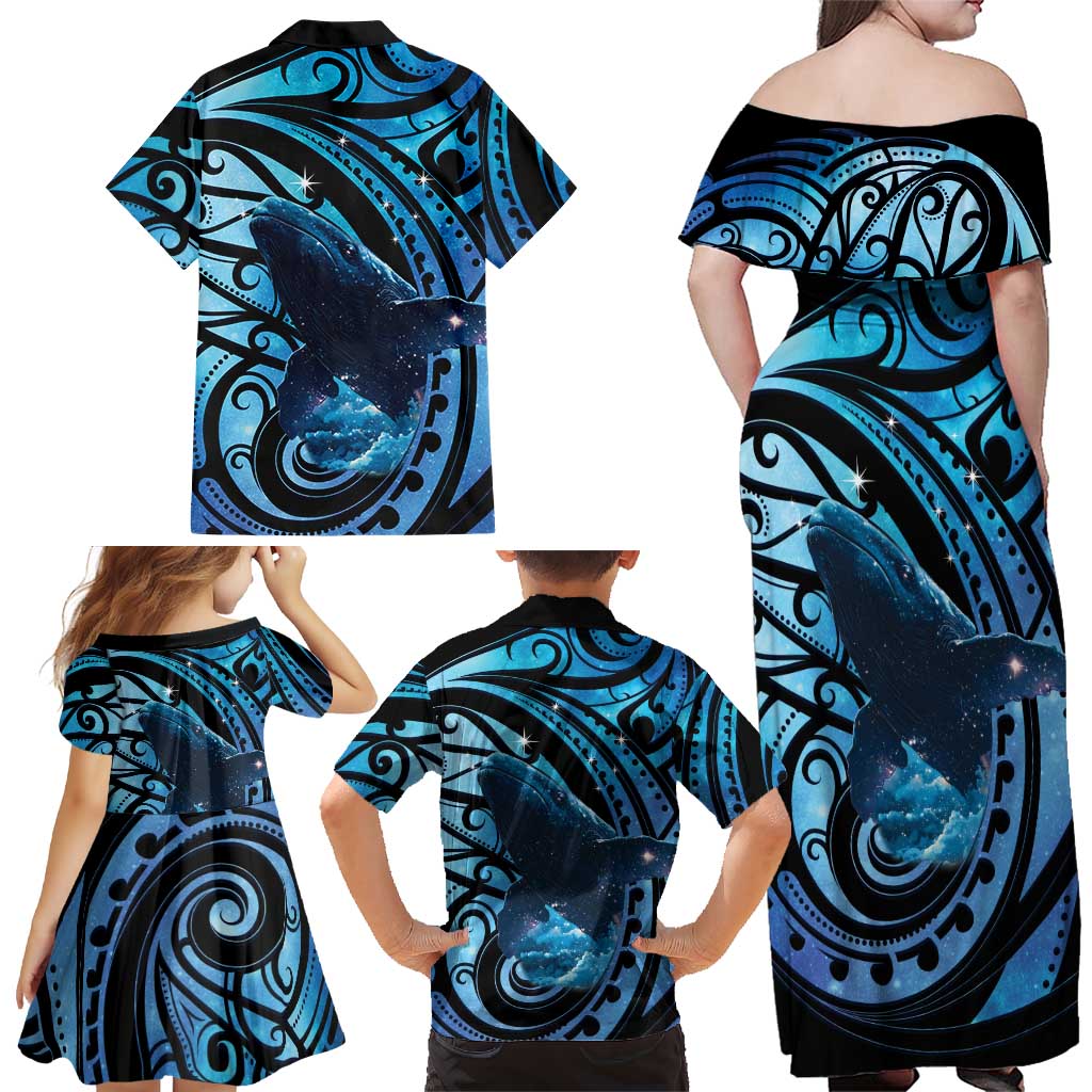 New Zealand Matariki Family Matching Off Shoulder Maxi Dress and Hawaiian Shirt Maori Humpback Whale Galaxy LT22 - Polynesian Pride