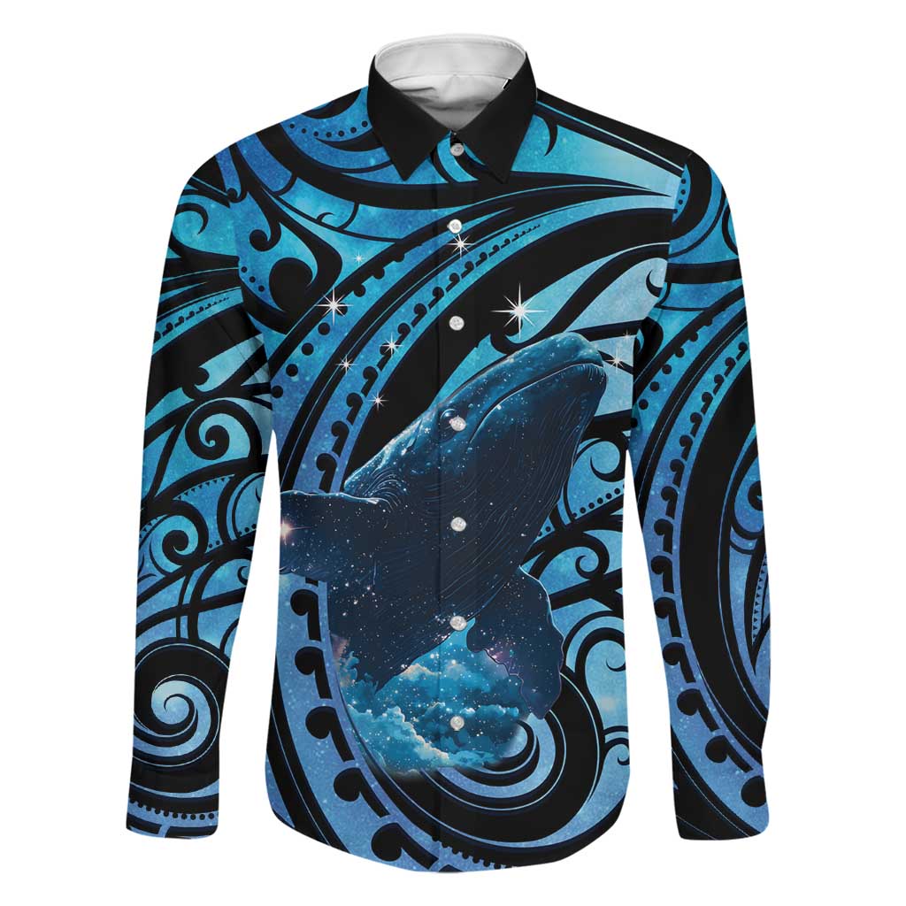 New Zealand Matariki Family Matching Summer Maxi Dress and Hawaiian Shirt Maori Humpback Whale Galaxy LT22 Dad's Shirt - Long Sleeve Blue - Polynesian Pride