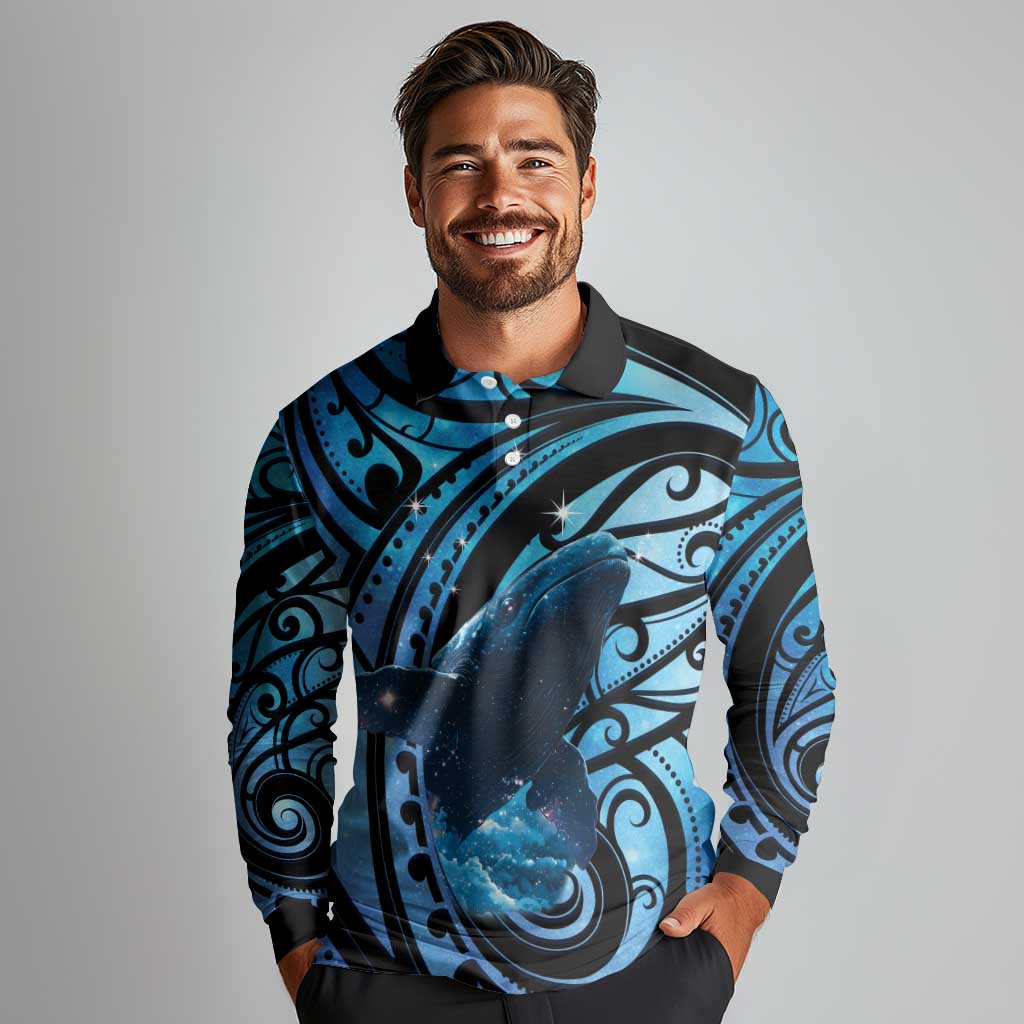 New Zealand Matariki Long Sleeve Polo Shirt Maori Humpback Whale Galaxy