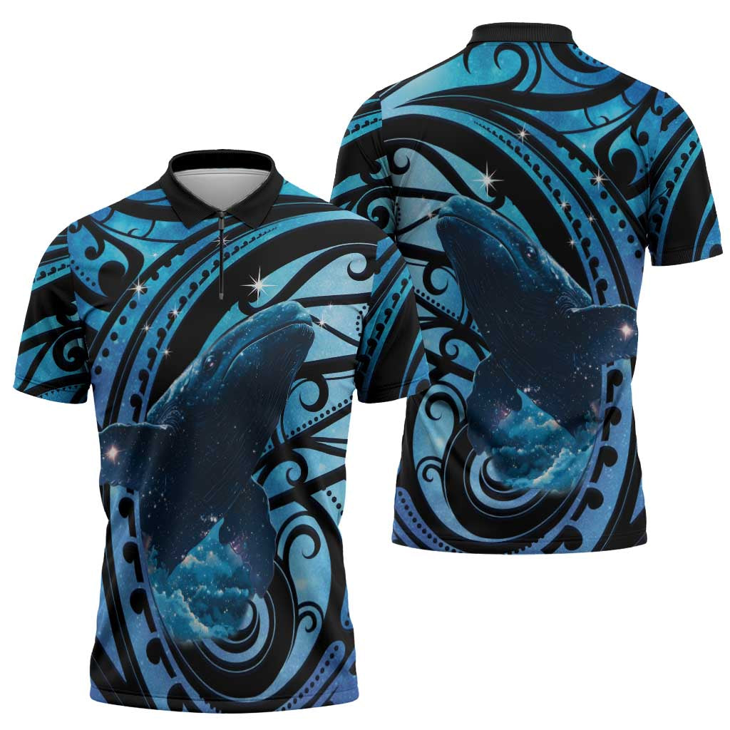 New Zealand Matariki Zipper Polo Shirt Maori Humpback Whale Galaxy
