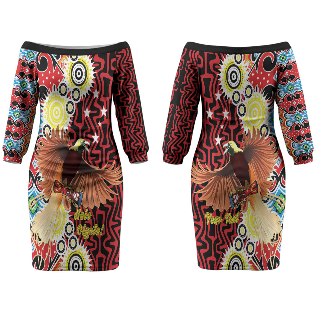 Personalised Papua New Guinea Pidgin Language Week Couples Matching Off The Shoulder Long Sleeve Dress and Hawaiian Shirt Halo Olgeta Tok Pisin Wik Bird Of Paradise Oro Batik LT22 - Polynesian Pride