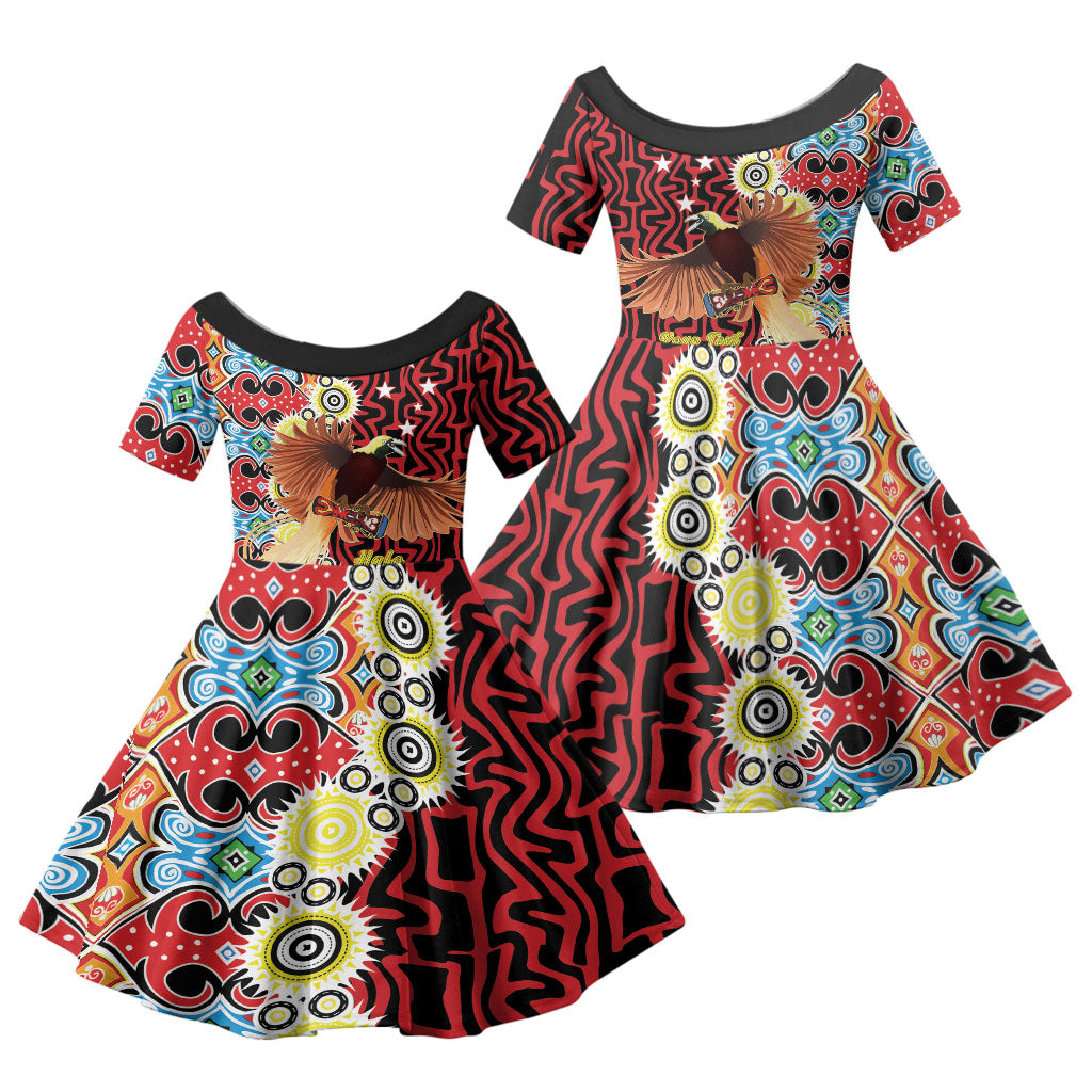 Personalised Papua New Guinea Pidgin Language Week Family Matching Off Shoulder Short Dress and Hawaiian Shirt Halo Olgeta Tok Pisin Wik Bird Of Paradise Oro Batik LT22 Daughter's Dress Red - Polynesian Pride