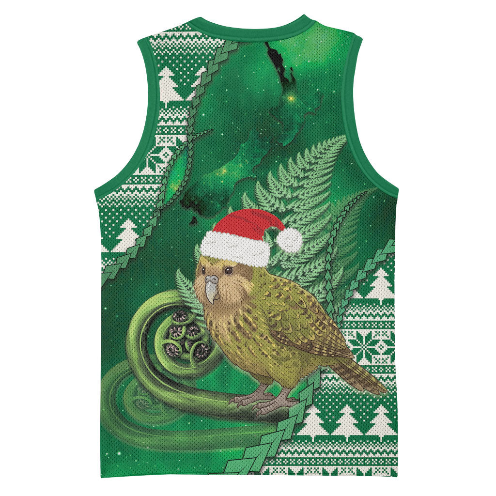 New Zealand Kakapo Christmas In July Basketball Jersey Silver Fern Santa Xmas Green Color