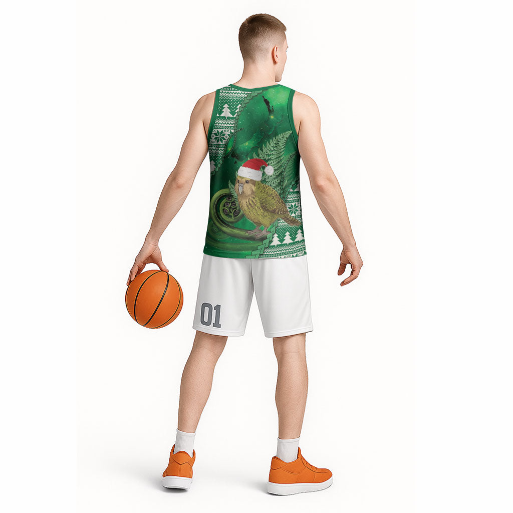 New Zealand Kakapo Christmas In July Basketball Jersey Silver Fern Santa Xmas Green Color